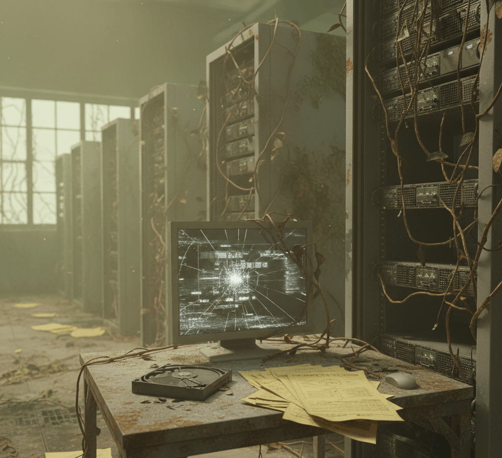 A photograph of a neglected server room where thick, leafless brown vines have grown over rows of server racks and a metal desk.